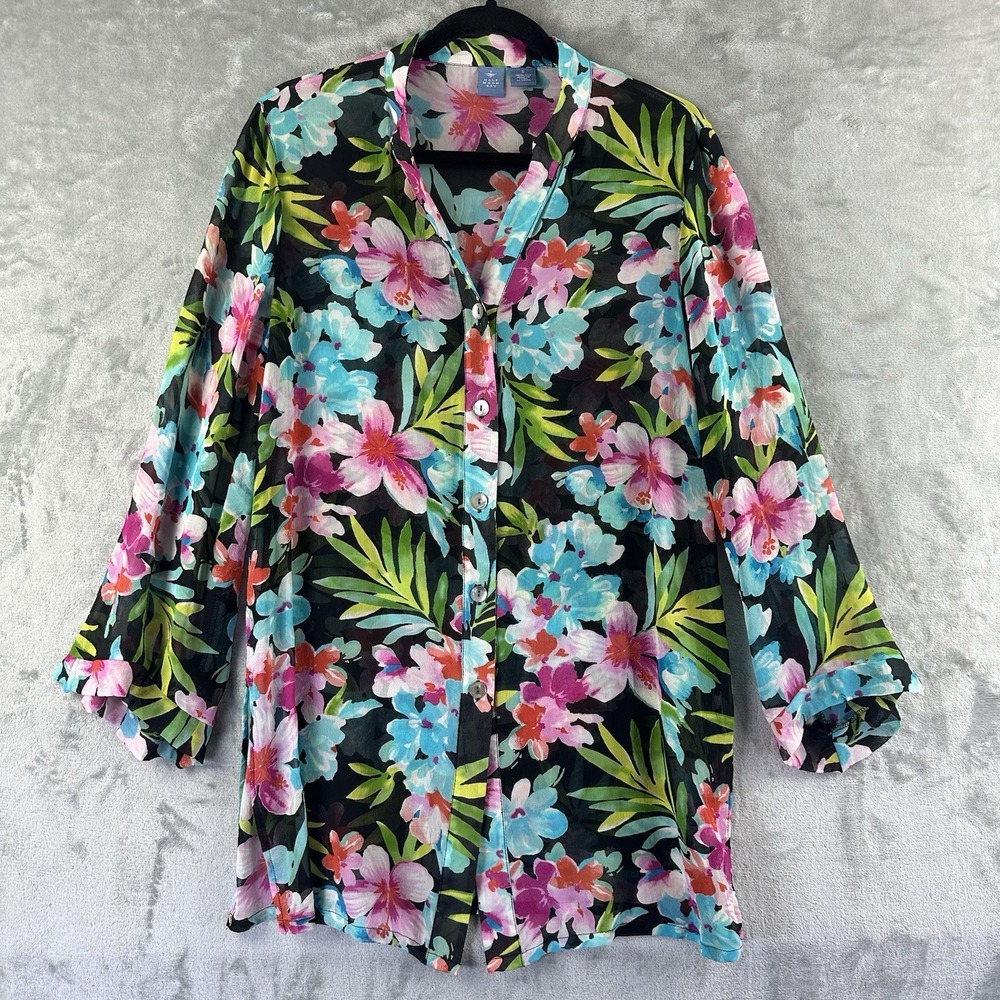 Half Moon Bay Button Front Blouse Women's S Bright Floral Print Sheer 100% Silk